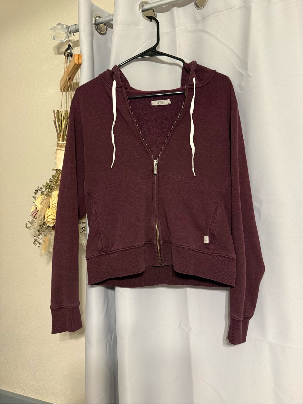 UGG Women's Maroon Zip Hoodie with White Drawstrings